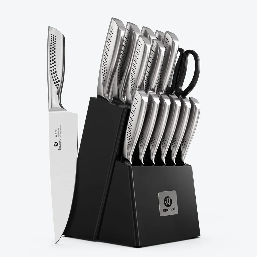 Imarku 15-piece stainless steel knife set with block and built-in sharpener