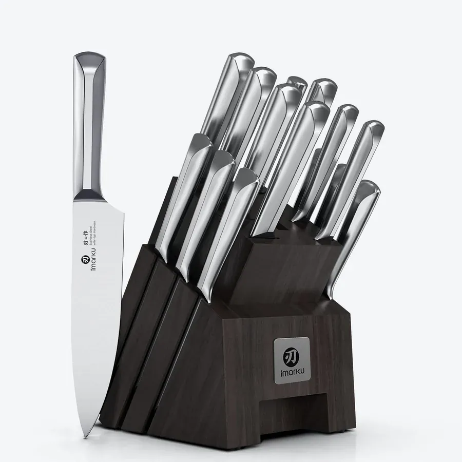 Imarku 16-piece Japanese knife set in a dark wood block