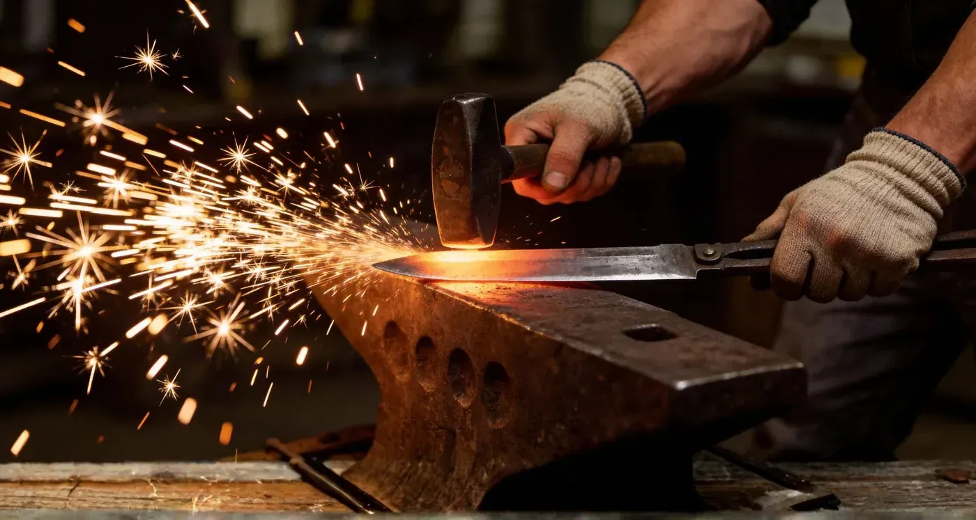 An Imarku bladesmith shaping red-hot steel at the forge